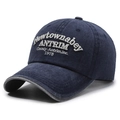 Distressed dark blue washed canvas baseball cap with white vintage letter embroidery - Adjustable / Navy Blue