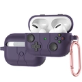 Detail of purple gamepad silicone case for AirPods Pro with pink metal carabiner clip - Purple