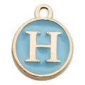 Sky blue enamel round alphabet H pendant with gold finish for DIY jewelry - Letter H / 1 Piece (12x14mm) / Lake Blue