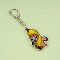 Banana Cat pixel art acrylic keychain with silver metal clasp on light green background - Standing Style