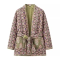 Veste matelassée olive avec imprimé paisley, ceinture à la taille et grandes poches - S / Arc-en-ciel