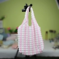 Chic pink and white striped waffle texture tote bag with large capacity for shopping - Pink and White Patchwork