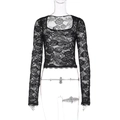 Detail of floral lace mesh and square neckline on a black long sleeve crop top - S / Black