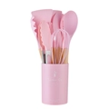Set di utensili da cucina in silicone rosa con manici in legno e secchiello coordinato - Rosa Set da 12 Pezzi Con Secchiello Piccolo (Versione Leggera)