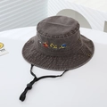 Detail view of cotton sun hat for kids featuring colorful excavator embroidery and chin strap - 52cm (Recommended 2-6 Years) / Dark Coffee