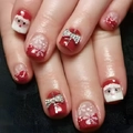Kurze rote Weihnachts-Kunstnägel mit Weihnachtsmann-Motiven und silbernem Glitzer - Weihnachtsmann Schneeflocke Bogen (D-176) / Kleber-Typ