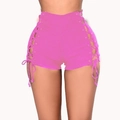Hot pink high-waisted denim shorts featuring stylish side lace-up bandage detail - S / Pink