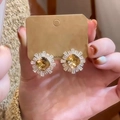 Französische Vintage-Ohrringe mit Vergoldung, Bernstein-Stein und 925er Silberstecker - Sonnenblume Echtgold Vergoldet Kaffeebraun (925 Silber Nadel)