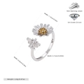 Detailed dimensions of s925 silver sunflower and bee ring with yellow zircon - Adjustable Open / Platinum Plated 925 Sterling Silver