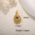 Macro detail of 19mm gold Evil Eye pendant with blue stone and dimension markings - A0279-Vintage Carved Eye (19x11mm)