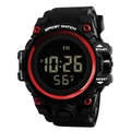 Digital sports watch in black and red with large dial and silicone strap on white background - Red