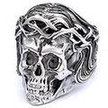 Macro detail of gothic skull ring with crown of thorns in vintage silver finish - 22501 / US Size 7