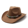 Detail of a brown western cowboy felt hat with a turquoise gemstone decorative band - M(56-58cm) / Khaki