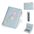 Light blue tri-fold wallet for women with pink floral embroidery and zipper pocket - Blue