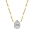 Detailed macro view of a teardrop-shaped zircon pendant on a gold cross-chain necklace - 14K Gold + Platinum Two-Tone Style