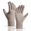 Oatmeal grey thickened alpaca wool knit gloves with extended ribbed cuffs for winter - Vertical Stripe / Dark Khaki