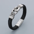 Bracciale punk da uomo in pelle nera intrecciata con chiusura a teschio in acciaio - Stile Nodo Argento (KB46722-D)