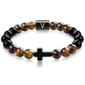 Tiger eye and black onyx beaded bracelet with letter V charm and cross pendant - Letter V