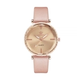 Close-up of pink glitter strap and rose gold rhinestone case on quartz fashion watch - Rose Gold