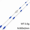 Titanium steel silver chain necklace with blue enamel beads, length 600mm, weight 3.5g - Steel Blue (KN232208-Z)