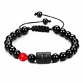 Adjustable black bead bracelet featuring a Leo zodiac sign charm and a single red bead accent - Leo