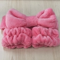 Pink plush bow headband and matching wristbands set for skincare and makeup - Watermelon Red Headband & Wristbands Set