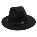 Detail of black fedora hat featuring a brown leather band with a silver bull skull buckle - Black