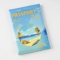 Blue faux leather passport cover with colorful beach scene illustration and travel quotes - Sky Blue
