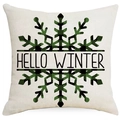 Funda de cojín navideño de lino con copo de nieve a cuadros verdes y texto winter - Copo de Nieve a Cuadros-Hello Winter