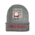 Detailed close-up of grey knitted beanie with Merry Christmas text and Santa Claus print - Grey-Style C