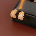 Macro shot of gold-plated C-shaped earrings encrusted with sparkling cubic zirconia crystals - Gold