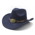 Detail of navy blue felt cowboy hat featuring a leather band and metal bull skull buckle - M (56-59cm) / Navy Blue