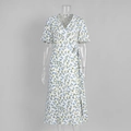 Detail of floral print cotton dress showing V-neck design and puff sleeves for women - Blue