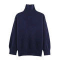 Women's dark blue turtleneck knit sweater featuring loose fit and ribbed cuffs design - Navy Blue