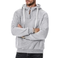 Men's grey hooded sweatshirt featuring half-zipper design and white contrast drawstrings - S / Gray