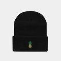 Detail shot of black knitted beanie featuring yellow pineapple embroidery on the folded cuff - Pineapple / Black