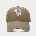 Détail de la casquette de baseball vintage en coton délavé avec broderie vache sur le devant - Réglable / Kaki