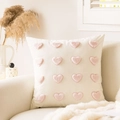 Cream-white velvet cushion cover with pink heart-shaped applique embroidery for home decor - Pink Heart Embroidery Fabric (Cover Only) / 18x18 Inch