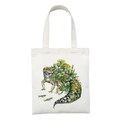 White canvas tote bag featuring artistic gecko, frog and aquatic wildlife illustration - Gecko and Flower Ecology Illustration Style (STD27-W)