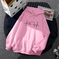 Bright pink fleece hoodie for men and women featuring a black heartbeat graphic print - S / Tops / Hot Pink