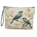 Canvas makeup bag featuring watercolor bird and flower print with black zipper strap - Double Birds Floral Style (xy-072-1) / With Strap