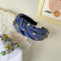 Baroque blue velvet knotted headband with colorful rhinestones and crystal beads - Blue