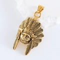 Detailed view of golden Indian chief pendant with intricate metal relief and feathers - Vintage Gold (Pendant Only)