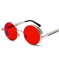 Steampunk round sunglasses with red lenses and silver metal spring frame design - Silver Frame Ocean Red c19