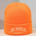 Orange knitted beanie with LOS ANGELES white embroidery, casual vintage cuffed winter hat - One Size / Orange