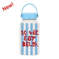 650ml white water bottle with blue stripes, carry handle and La Vie Est Belle print - White Blue Striped La Vie Est Belle