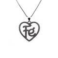 Detailed close-up of a silver heart pendant with Fe letters and micro-pave crystals - Heart Fe Pendant Necklace / White Gold