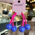 Magenta double-strand hair ties with blue spherical beads on pink card packaging - Sapphire Blue