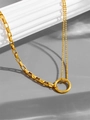 Detail of gold asymmetric necklace with paperclip and bead chains joining at a circle - Ring Necklace Gold (X822)