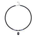 Vintage stainless steel beaded necklace with tiger eye stones and black gem pendant - Lapis Lazuli Style